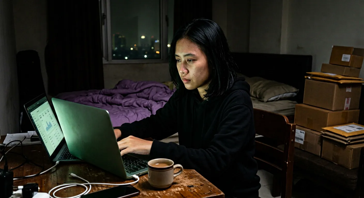 Foto: penjual duduk di depan laptop di malam hari, layar menampilkan grafik, paket-paket di sekeliling