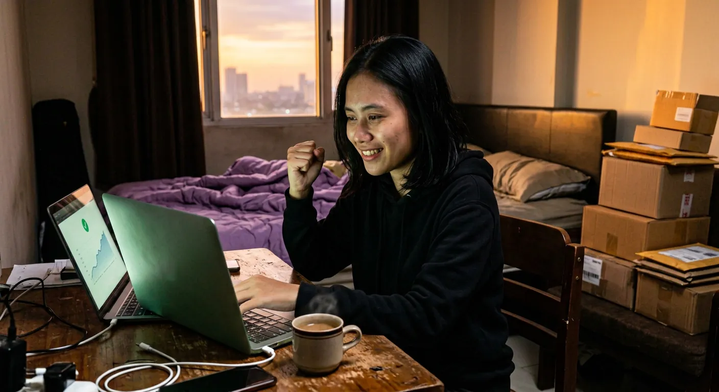 Foto: owner tersenyum lega di depan laptop pada pagi hari, layar menampilkan grafik naik dengan centang hijau, paket rapi di atas meja