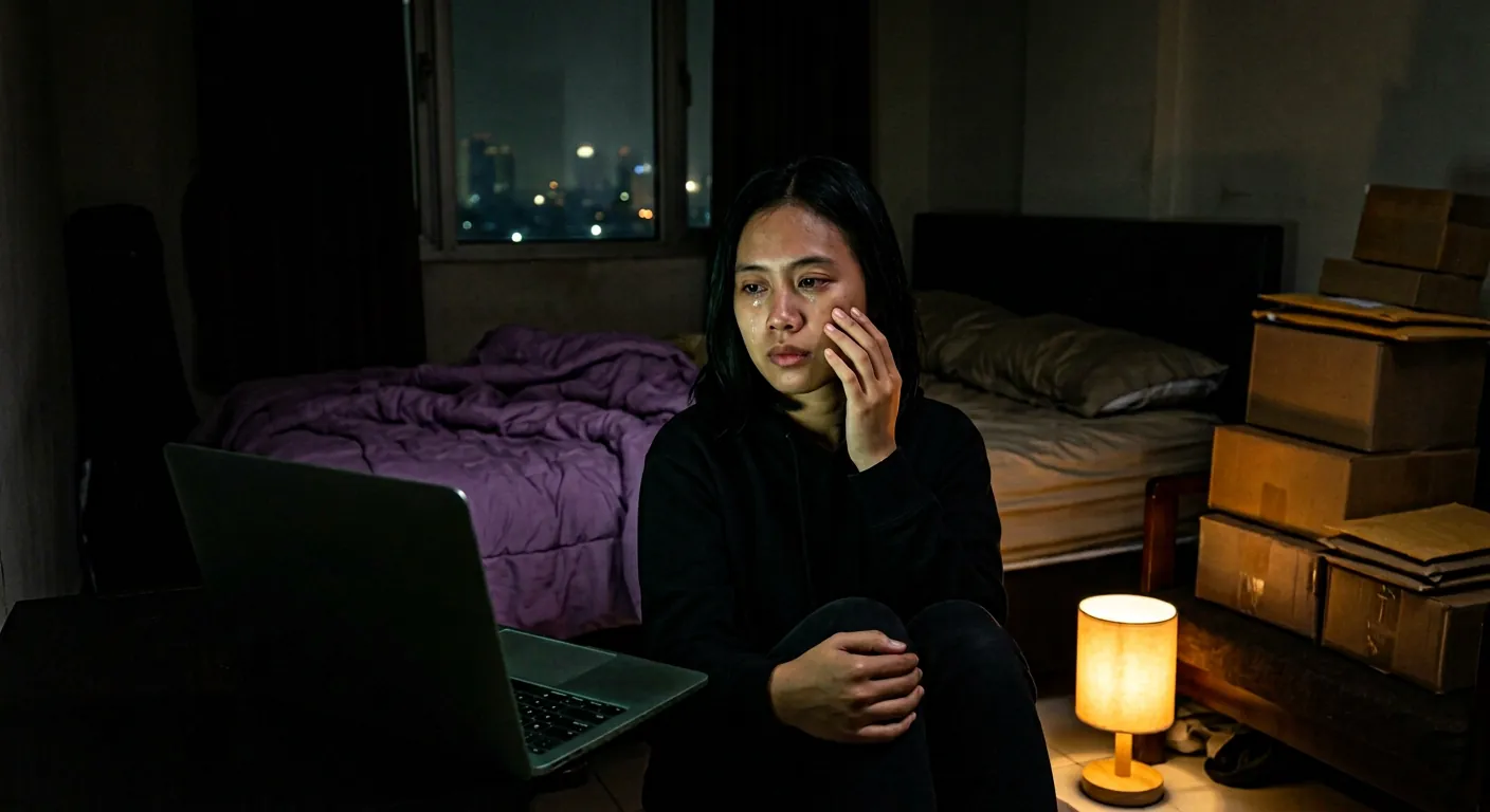 Foto: owner duduk sendiri di lantai kamar pada tengah malam, menghapus satu tetes air mata, laptop tertutup di sampingnya, hanya cahaya lampu kecil