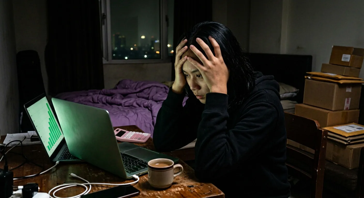 Foto: seller memegang kepalanya di depan laptop, grafik hijau besar menyala di layar, kalkulator dan catatan di atas meja